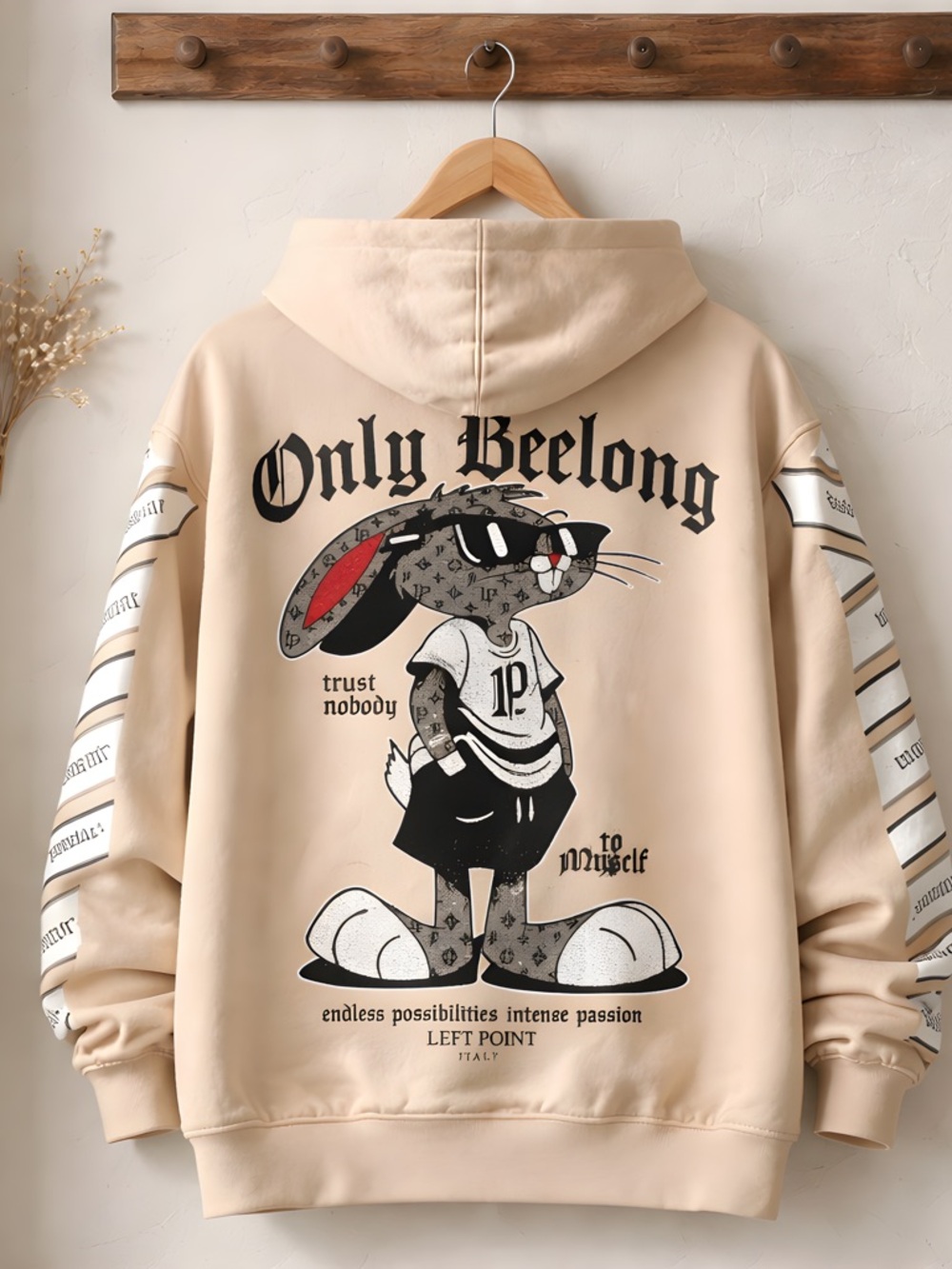 Left Point Beige Bugs Bunny Rhinestone Hoodie * Size XL